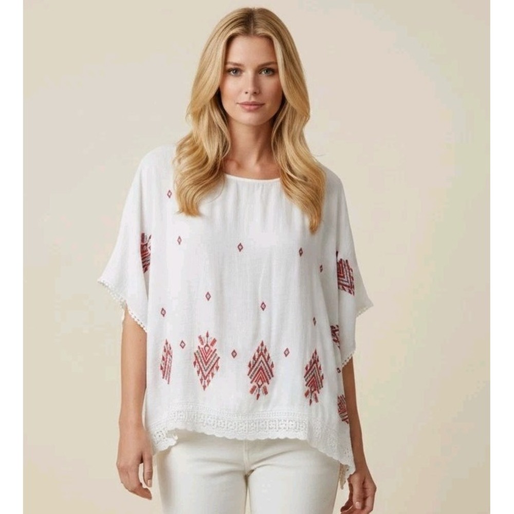Gibson & Latimer White Red Embroidered Peasant Boho Tunic Top‎ L